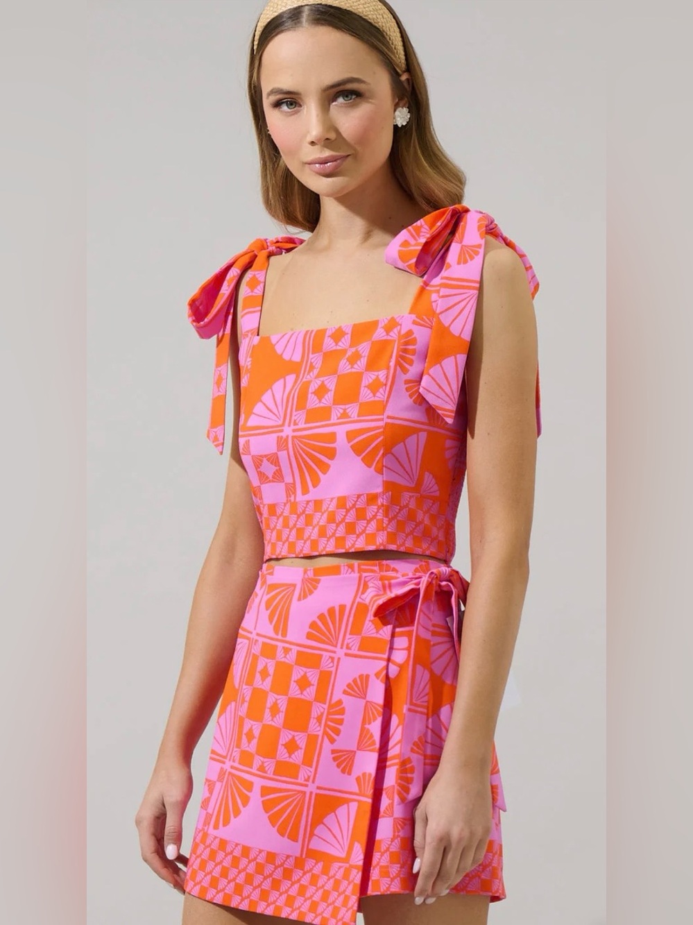 Sugarlips Pink and Orange Geo Tie-Shoulder Crop Top & Skirt Set